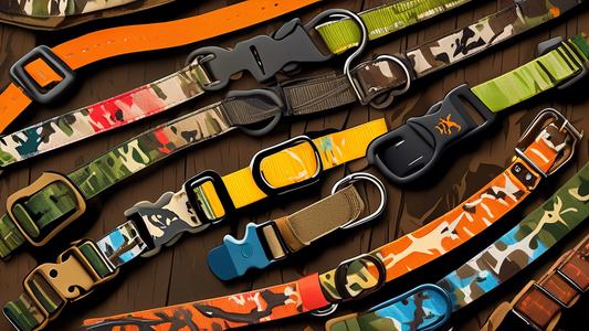 Create an image featuring a diverse selection of hunting dog collars displayed on a wooden table outdoors. The collars should include GPS tracking devices, camouflage patterns, and bright reflective c