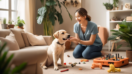 A heartwarming scene of a puppy training session in a cozy living room, with a cheerful young woman gently holding a puppy's paw while surrounded by training tools like treats, toys, and clickers. The