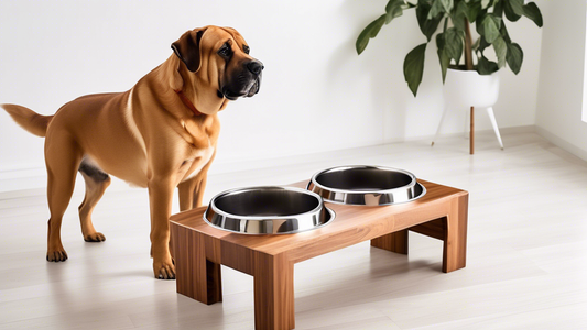 Create an image showcasing a variety of stylish and functional elevated dog feeders designed specifically for large breeds. The feeders should be set up in a modern kitchen environment, with a large,