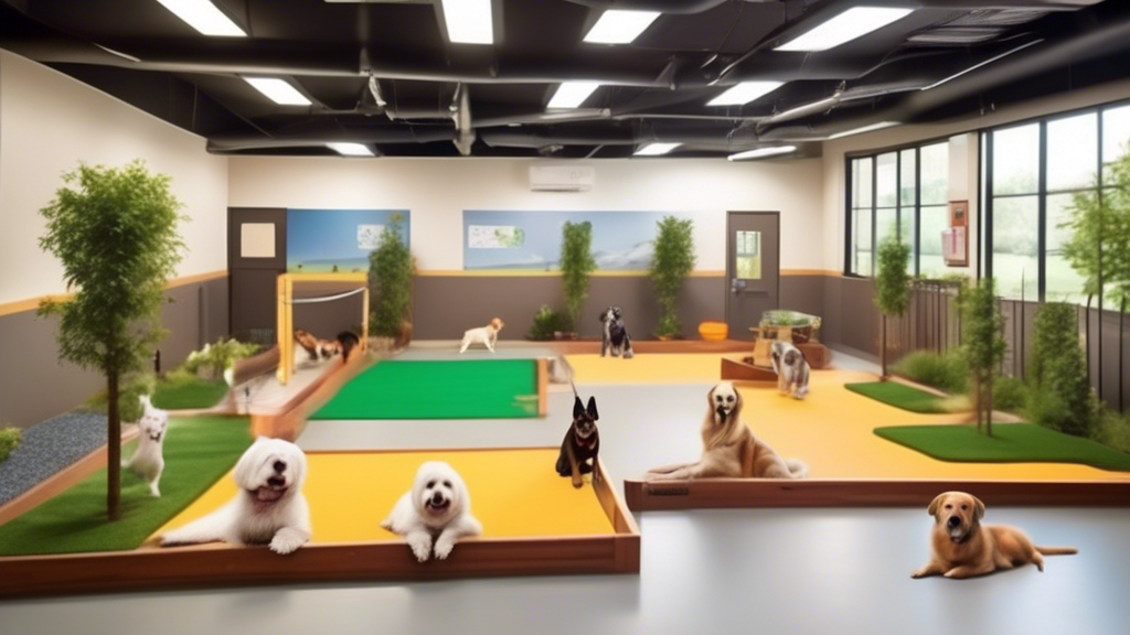Create an image showcasing a top-notch dog boarding facility. Picture an upscale, clean, and well-organized space with happy dogs of various breeds playing in a secure, spacious outdoor area. Highligh