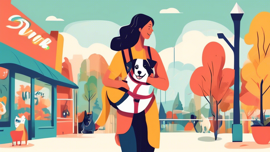 An adorable dog happily resting in a stylish and comfortable dog sling carrier, while being carried by a cheerful person with a scenic park background, showcasing various dog sling designs and colors