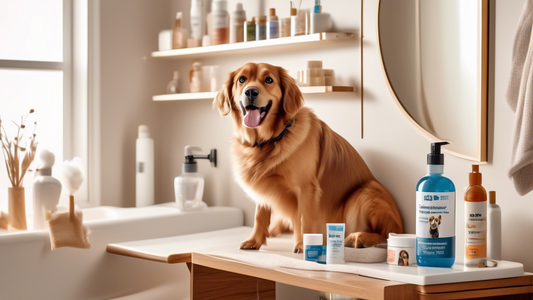 Create an image of a cozy, well-lit bathroom where a cheerful pet owner is gently cleaning a dog's ears using a recommended ear cleaning solution. The dog looks calm and content. Various pet care prod