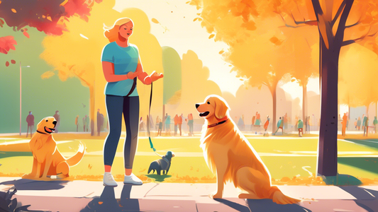 A heartwarming scene of a person training their golden retriever in a sunny park, using positive reinforcement techniques. The retriever is attentively following commands, with a few training tools an