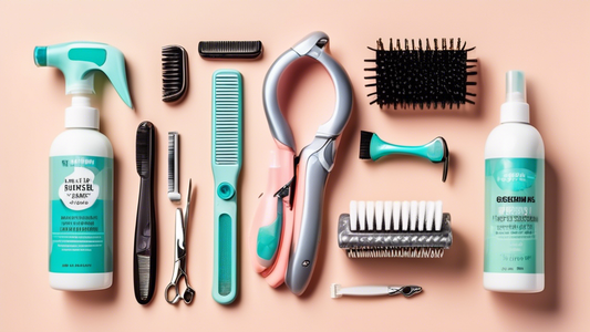 Create a detailed image featuring a neatly organized set of essential dog grooming supplies. Include a variety of brushes, combs, nail clippers, shampoo and conditioner bottles, ear cleaning solution,