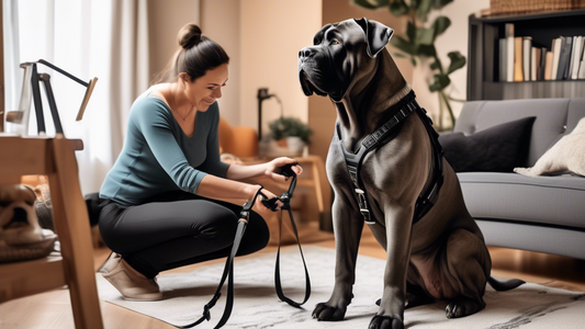 A Cane Corso dog being gently fitted with a well-padded black harness in a bright, cozy living room. The harness features multiple adjustable straps for a perfect fit, and the dog looks comfortable an
