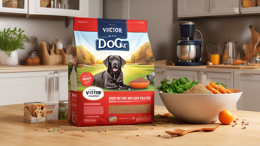 Create a vibrant and detailed image of a 50 lb bag of Victor Dog Food placed in a cozy kitchen setting. The bag should be prominently displayed, showcasing its label with relevant branding and informa