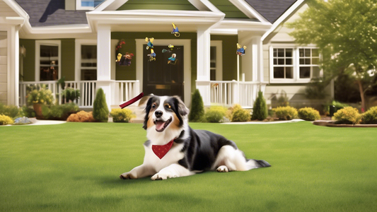 Create an image of a happy dog playing in a spacious, sunny backyard, safely tethered to a retractable dog tie out. Include features such as a diverse landscape with green grass, trees, and flowers, a