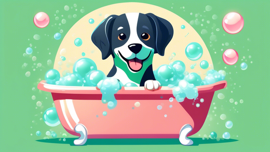 Create an image showcasing a happy dog with a shiny coat, sitting in a bathtub filled with bubbles, as its owner gently applies chlorhexidine shampoo. Include elements that emphasize the health benefi