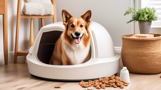 Create an image of a friendly, intelligent-looking dog happily using a stylish indoor litter box in a cozy home setting. The dog appears comfortable and well-trained. Surrounding the dog are various t