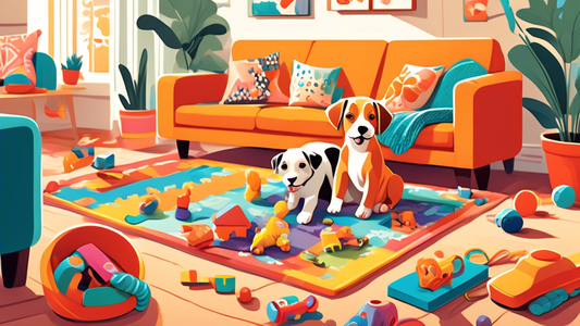A vibrant and playful illustration of various top-rated puppy toys scattered around a cheerful and energetic puppy in a cozy living room. The scene includes a colorful assortment of chew toys, squeaky