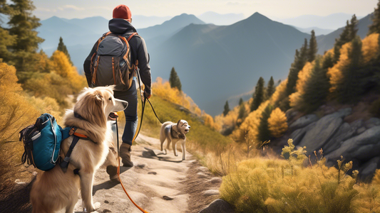 Create a detailed image of an outdoor enthusiast hiking with their dog on a scenic mountain trail. The hiker is equipped with a sturdy backpack and wearing appropriate hiking gear, while the dog is co