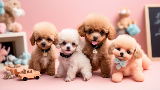 A group of tiny, fluffy teacup toy poodle puppies playing together in a cozy, pastel-colored room. Each puppy has a distinct, adorable expression, with large, sparkling eyes and soft, curly fur in sha