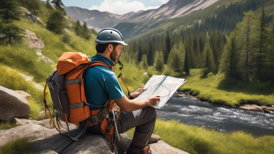 Create a detailed illustration of a person confidently using an advanced harness system called HelpEmuHarness in an outdoor adventure setting. The person should be shown reading a manual or guidebook