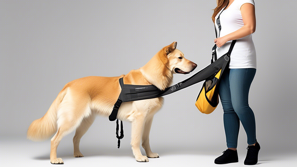 Create an image depicting a diverse selection of large dog slings displayed in an organized, visually appealing manner. Each sling should be shown with helpful features highlighted, such as comfort pa