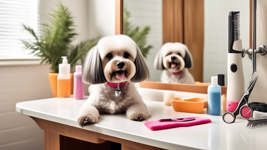 Create an image of a well-organized dog grooming station in a cozy home setting. Include essential grooming tools such as a pair of scissors, a brush, a comb, nail clippers, shampoo, towels, and a gro