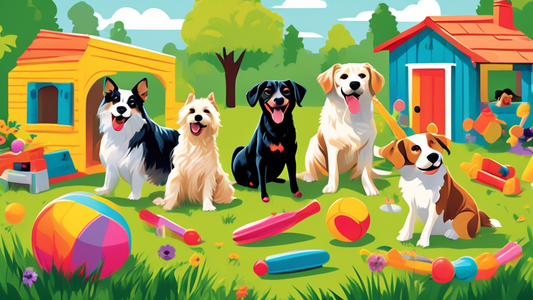 Create a vibrant outdoor scene in a lush backyard filled with playful dogs of various breeds engaging with an assortment of colorful dog toys, including frisbees, ball launchers, tug ropes, and agilit