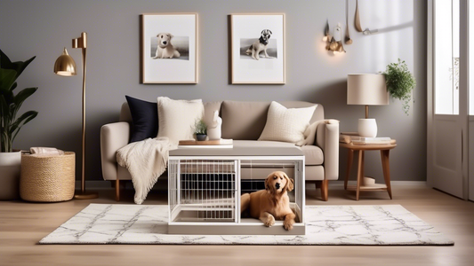Create an image of a cozy, modern living room with a stylish Fable dog crate integrated seamlessly into the decor. The crate not only serves as a comfortable sanctuary for a happy, relaxed dog inside