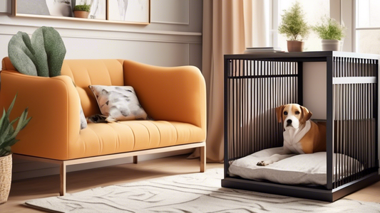 Create an image of a modern living room with a stylish corner dog crate that seamlessly blends into the decor. The crate is designed to maximize space and comfort, featuring soft bedding inside and a