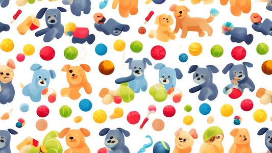 A variety of colorful small puppy toys designed for tiny paws, including squeaky bones, soft plush animals, mini tennis balls, and chew ropes, all arranged on a cozy blanket with an adorable small pup