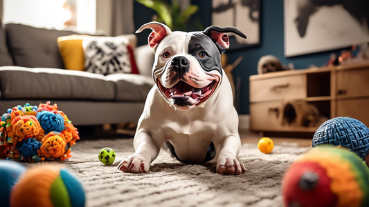 Create an image of various engaging and durable toys specifically designed for American Bully dogs. Include items such as tough chew toys, interactive puzzle games, sturdy balls, and tug-of-war ropes.