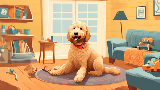 Create an image of a friendly Goldendoodle in a warm, cozy living room, surrounded by training equipment like clickers, treats, and toys. The dog is happily performing a trick, like sitting or shaking