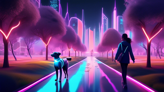 Create an image of a futuristic city park where a person is walking their dog using a high-tech, glowing leash with digital controls. The leash has a sleek design with holographic features, and the pa