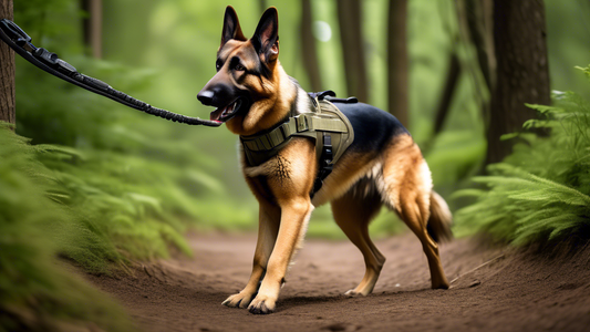 A high-resolution image of a well-trained dog, such as a German Shepherd, wearing a tactical dog leash while engaging in outdoor activities. The dog and its owner are navigating a rugged trail surroun