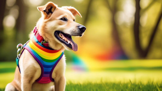 Create a vibrant and cheerful image featuring a happy dog wearing a stylish, colorful rainbow harness. The harness should have a variety of bright colors arranged in a rainbow pattern. The dog should