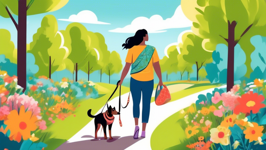A cheerful pet owner comfortably carrying their happy dog in a stylish, ergonomic dog sling while walking through a scenic park. The scene includes lush green trees, a clear blue sky, and vibrant flow