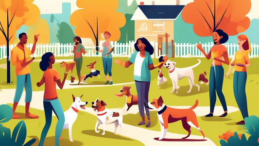 Create a detailed illustration of a cheerful suburban neighborhood with a friendly dog training class in a park. Include a diverse group of dogs and their owners engaging in various training activitie