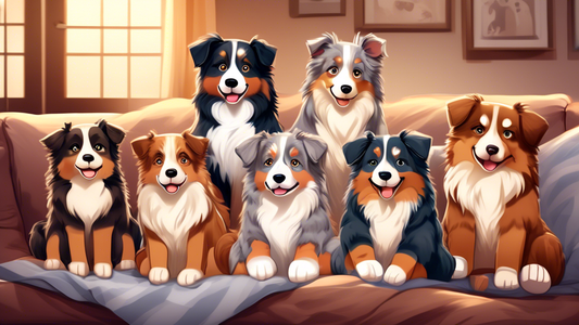A group of adorable Australian Shepherd stuffed animals with soft, fluffy fur, sitting in a cozy, well-lit room with pillows and blankets. They come in various sizes and colors, all with cute, express