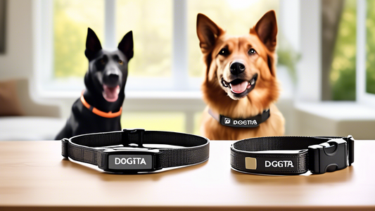 Create an image of a sleek, high-tech dog training collar labeled Dogtra 280C on a table, alongside a happy, well-behaved dog wearing a similar collar. The scene should also feature a modern, well-org