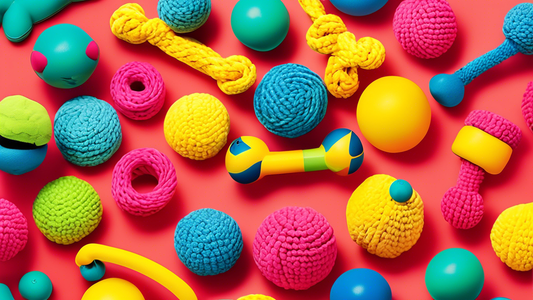 A vibrant display of durable dog toys designed specifically for power chewers, including tough rubber balls, reinforced plush animals, and indestructible rope toys, all set against a playful backdrop