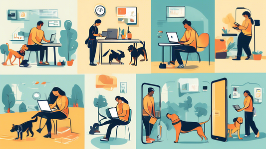 Create an illustration showing various scenes of a person using different devices like a laptop, tablet, and smartphone to train their service dog. The scenes should depict the dog learning various ta