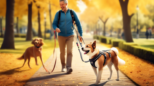 Create an image of a happy dog wearing a comfortable harness leash while being walked by its owner in a beautiful park. Show the dog and owner enjoying their time together, with the dog seeming secure