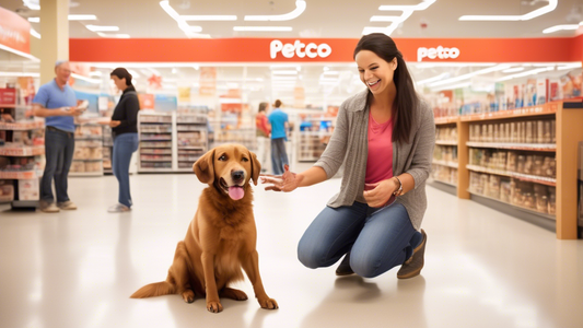 Create an image of a joyful pet owner and their well-behaved dog at a Petco store, participating in an obedience training class. The scene should include vibrant and welcoming surroundings, with the d