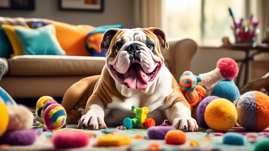 A cheerful English Bulldog surrounded by a variety of colorful and fun dog toys, including squeaky bones, rope toys, plush friends, and puzzle feeders. The scene is set in a cozy and playful living ro