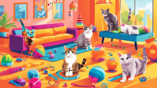 Create a vibrant, playful scene showcasing a variety of innovative and colorful cat toys available on Chewy.com. Include happy, engaged cats of different breeds playing with toys like feather wands, l
