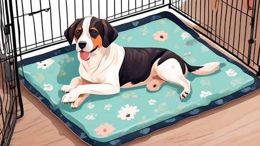 Create a highly detailed and realistic image of a dog comfortably lying on a waterproof dog crate pad inside a cozy dog crate. Show various types and designs of waterproof pads, highlighting features