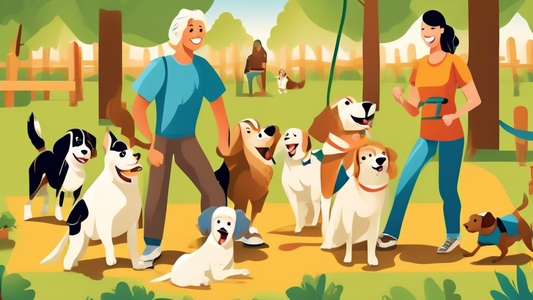 Create an image of a lively dog training camp set in a picturesque outdoor setting with happy, well-behaved dogs working with skilled trainers. Capture various training activities like agility courses