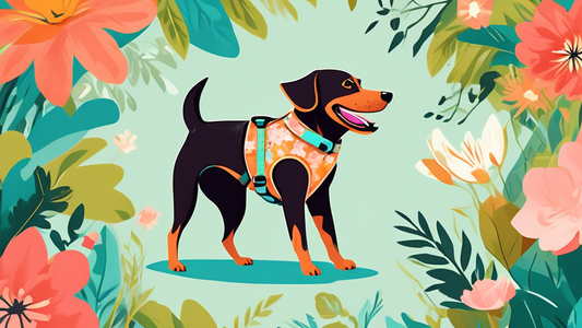 Generate an image of a happy dog wearing a stylish and comfortable harness from Wild One, set in a bright and cheerful outdoor park. The harness should feature modern design elements and vibrant color