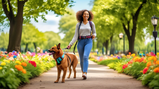 A happy person enjoying a hands-free walk with their dog in a lively park, wearing a stylish dog walking belt that securely holds the leash. The scene is vibrant with lush green trees, colorful flower