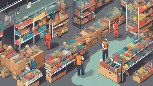A detailed illustration of a warehouse filled with a variety of colorful dog collars organized on shelves. Workers are seen inspecting and stacking boxes labeled with different sizes and styles of col