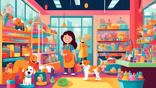 Create an inviting image of a cheerful pet store filled with colorful dog supplies such as toys, beds, leashes, and food. The store should have neatly organized sections and happy customers, along wit