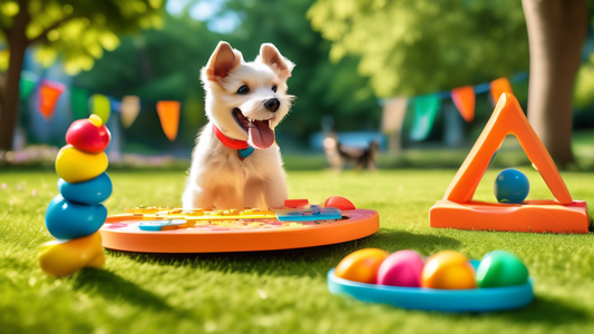 A vibrant scene featuring a cheerful dog engaging in various interactive activities: playing with a puzzle feeder, fetching a frisbee in a sunny park, navigating an agility course, playing tug-of-war