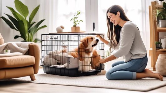 An inviting indoor scene with a variety of high-quality plastic dog crates of different sizes and designs, each featuring soft bedding, toys, and water bowls inside. In the foreground, a happy dog own