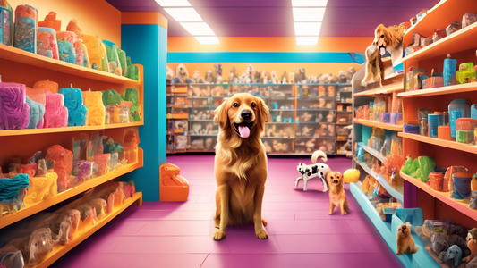 Create a vibrant, detailed scene of a well-stocked pet store aisle dedicated to chewy dog supplies. The shelves are brimming with an array of colorful chew toys, bones, and treats. Dogs of different b