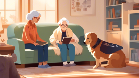 Prompt for DALL-E: A peaceful and cozy home setting showcasing a certified therapy dog interacting with different family members. The therapy dog, wearing a small vest with a certification badge, sits