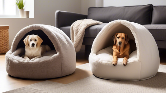 Create an image of a variety of cozy dog beds in a warm, inviting living room setting. Each bed has a built-in blanket that forms a cave-like structure, providing a snuggly hideaway for the dogs. Incl