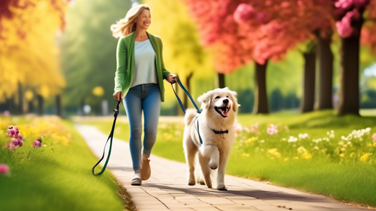 Create an image showcasing a happy dog walking with its owner in a scenic park, using an extendable lead. The dog explores joyfully while still connected to the owner, enjoying the freedom to roam saf